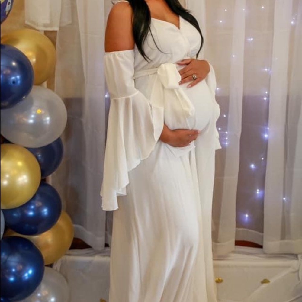 White, maternity dress for baby shower or photos